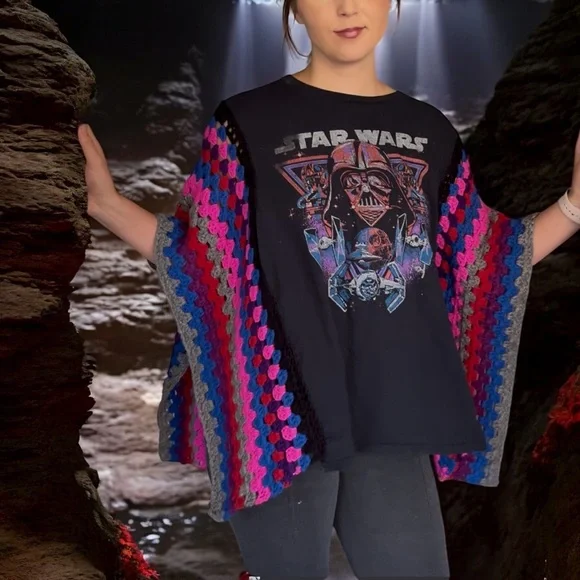 Upcycled Star Wars Graphic Tee Poncho with Colorful Crochet Sleeves - Picture 3 of 3